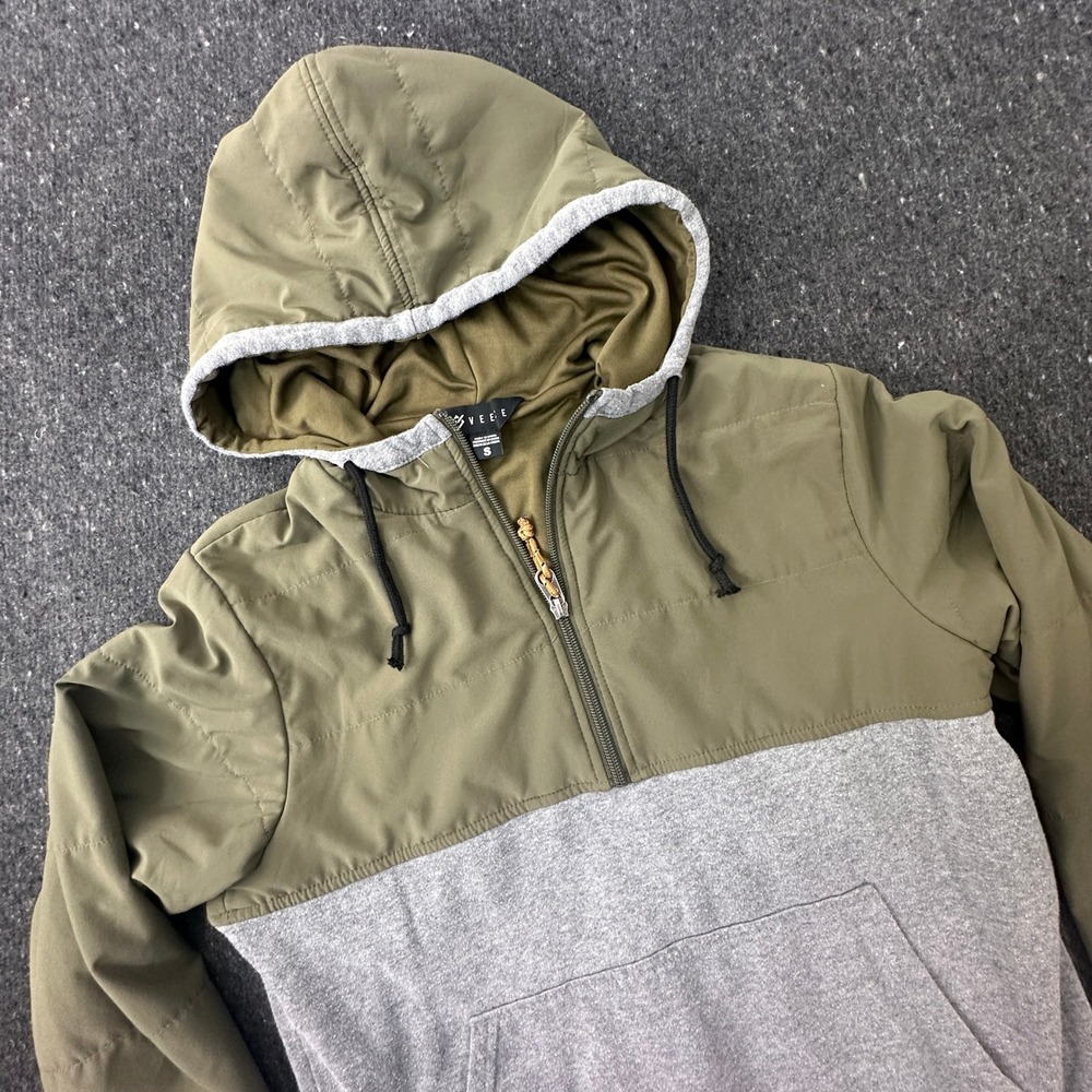 Veece Anorak Pullover Mens Small Olive Green Gray Colorblock Quarter Zip Hoodie